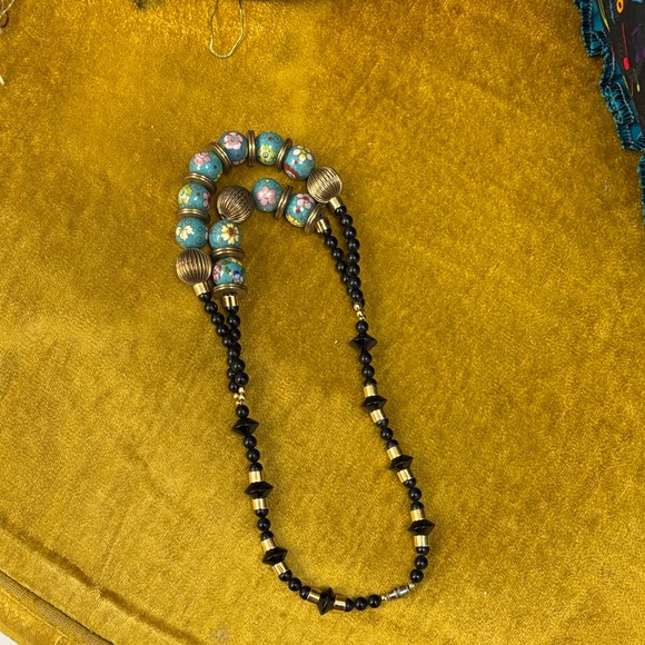 Elegant vintage Beaded double strand Necklace with Black and Gold Accents